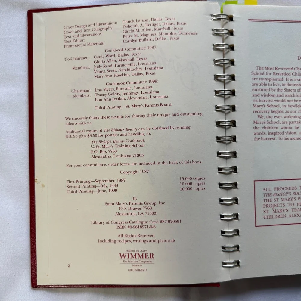 The Bishop's Bounty Cookbook First Edition St Marys Alexandria Louisiana 1999